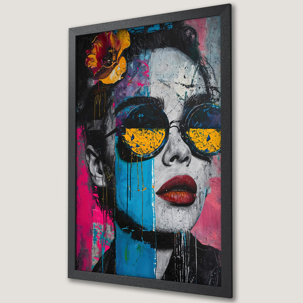 Framed Poster featuring a stylish woman with sunglasses, vibrant abstract art style with a pink, blue, yellow, and black color palette.