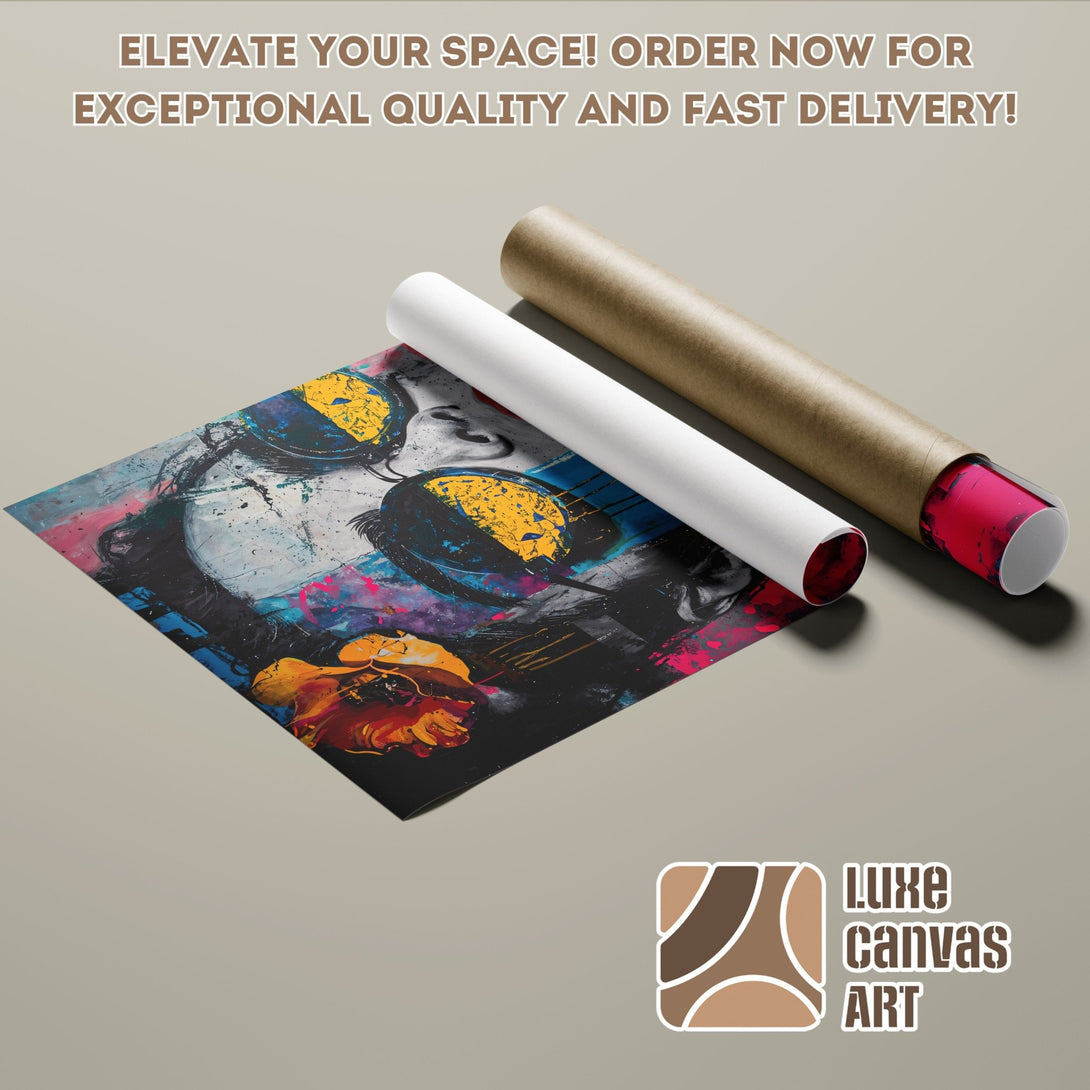 Abstract art poster roll featuring a woman with sunglasses, vibrant colors, and a modern style. Elevate your space with this unique Poster!
