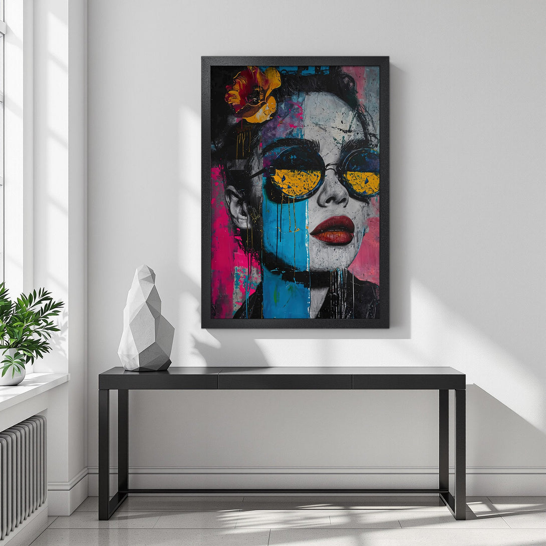 Framed Poster of a woman with sunglasses, modern art style, vibrant pink, blue, and yellow color palette. Elevate your space!