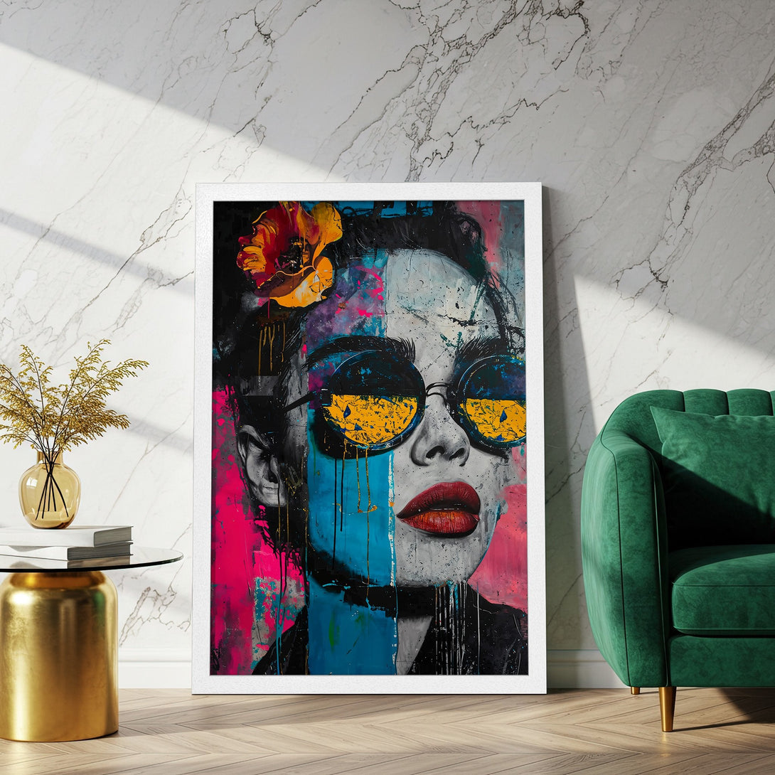 Framed Poster of a woman in sunglasses, abstract style, with a vibrant pink, blue, and yellow color palette. Perfect wall art!