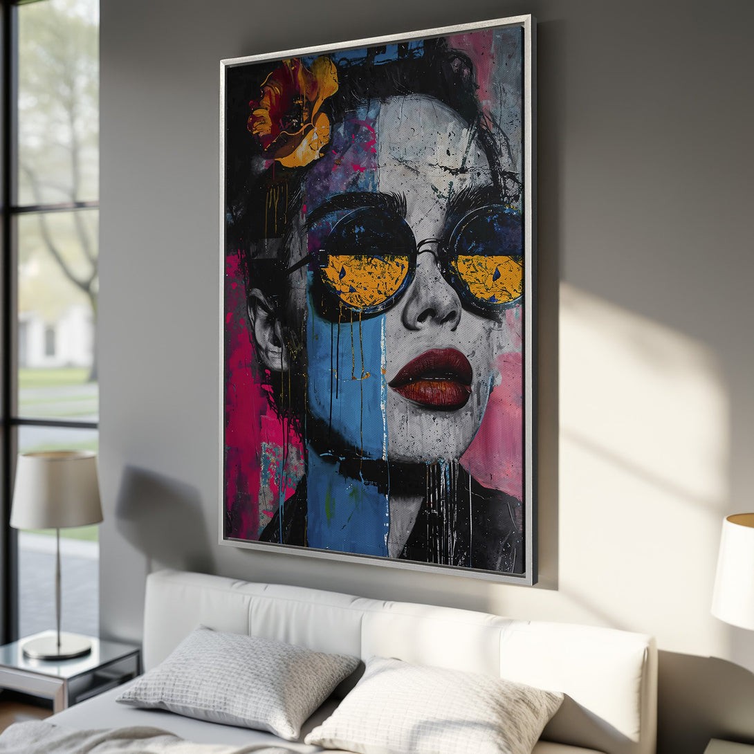 Framed Wall Art: Abstract portrait of a woman with sunglasses. Bold colors of blue, pink, yellow, and black. Modern art for home decor.