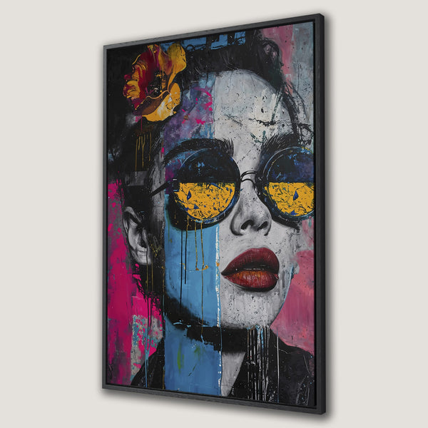Framed Wall Art: Abstract portrait Canvas Print with vibrant colors. Features a woman with sunglasses, bold pink, blue, and yellow accents. Modern art for your home.