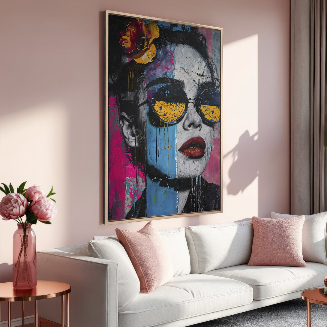 Framed Wall Art: Modern pop art portrait in a pink and blue color palette. Stylish decor for living room. Shop canvas prints today!