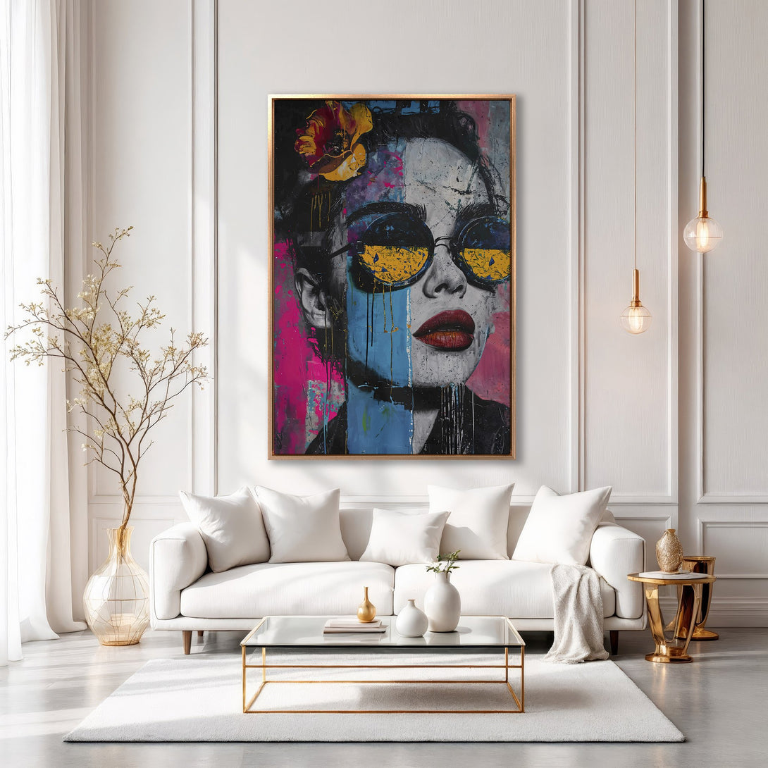 Framed Wall Art: Modern portrait of a woman with sunglasses, vibrant colors (pink, blue, yellow) in a contemporary living room. Elevate your space with art!