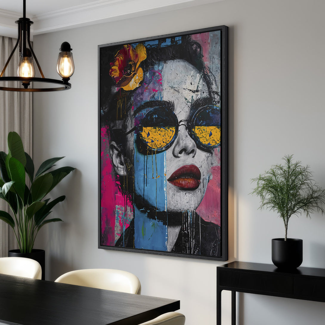 Framed Wall Art: Abstract portrait canvas print with bold colors. Modern art with a pop of pink, blue, and yellow. Perfect for adding style to any room.