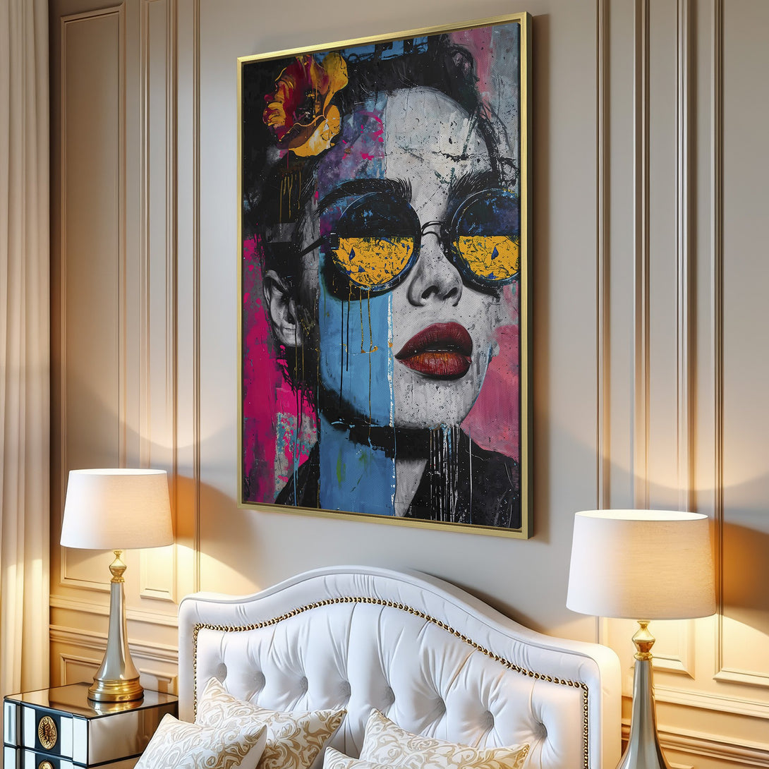 Canvas Print: Pop art portrait of a woman with sunglasses, vibrant pink, blue, and yellow color palette, perfect for modern home decor.