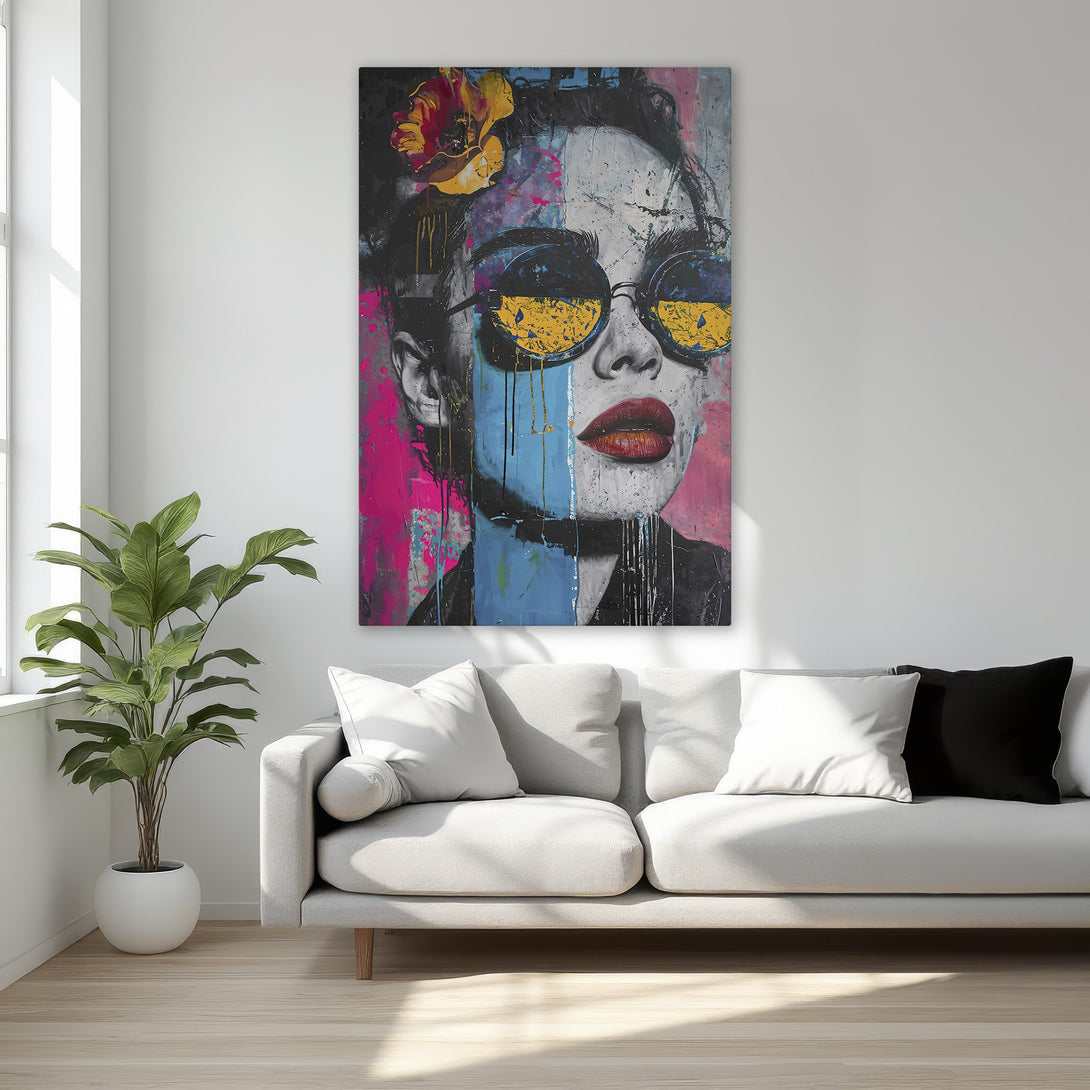 Framed Wall Art: Pop art portrait of a woman with sunglasses. Bold colors of pink, blue, and yellow. Modern canvas print perfect for bedroom decor.