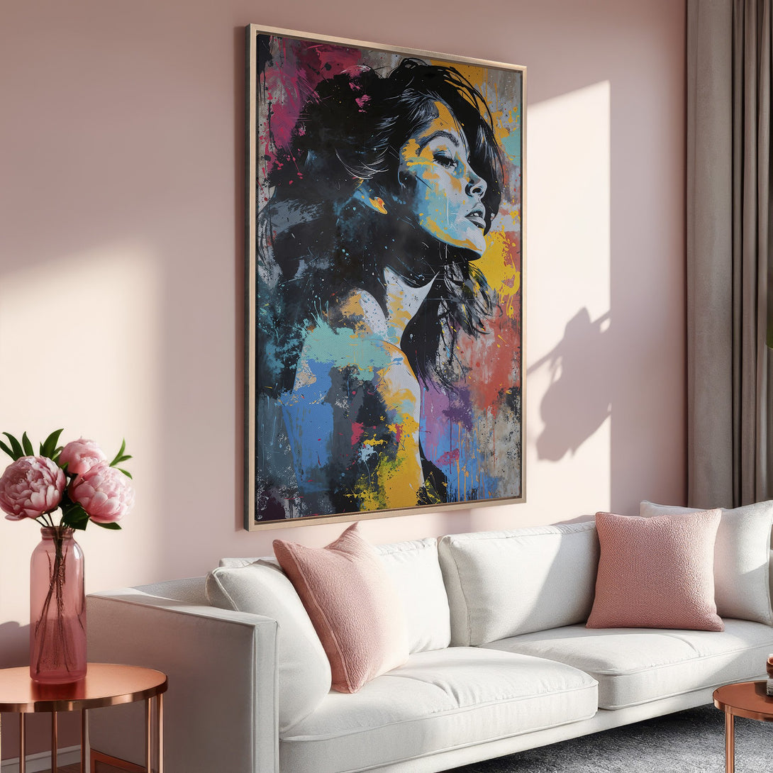 Framed Wall Art: Abstract portrait Canvas Print with vibrant color palette, displayed in a modern living room. Perfect for adding artistic flair to your space!