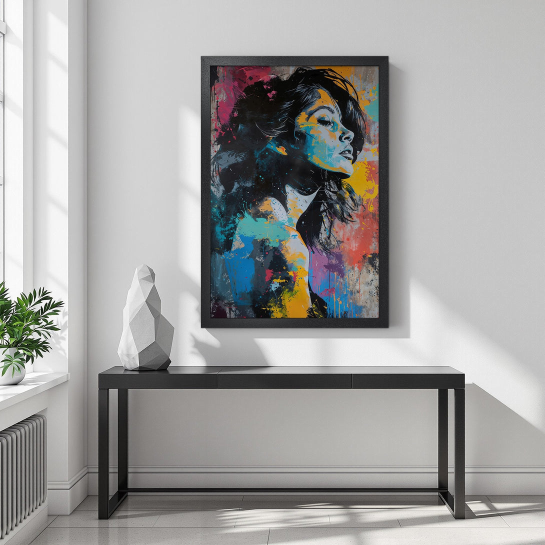Framed Poster of a woman in a colorful, abstract style. Features a vibrant palette of blue, yellow, and red. Perfect wall art for any space.