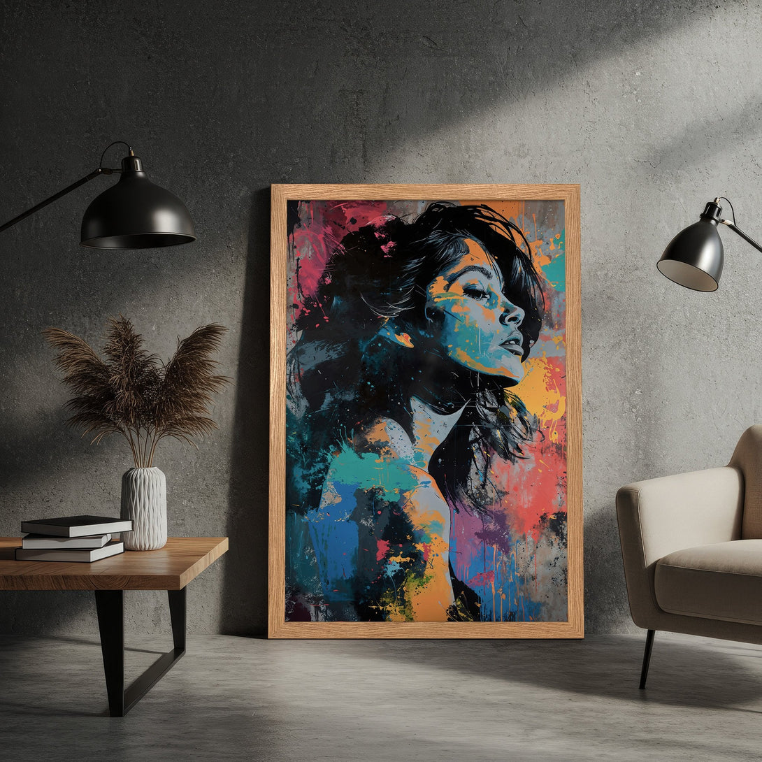 Framed Poster of a woman in an abstract style with a colorful palette. Add artistic flair to your space with this stunning art print.