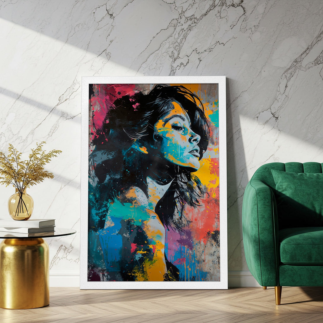 Framed Poster featuring a woman's portrait in vibrant, abstract style with a colorful palette. Perfect wall art for modern decor.