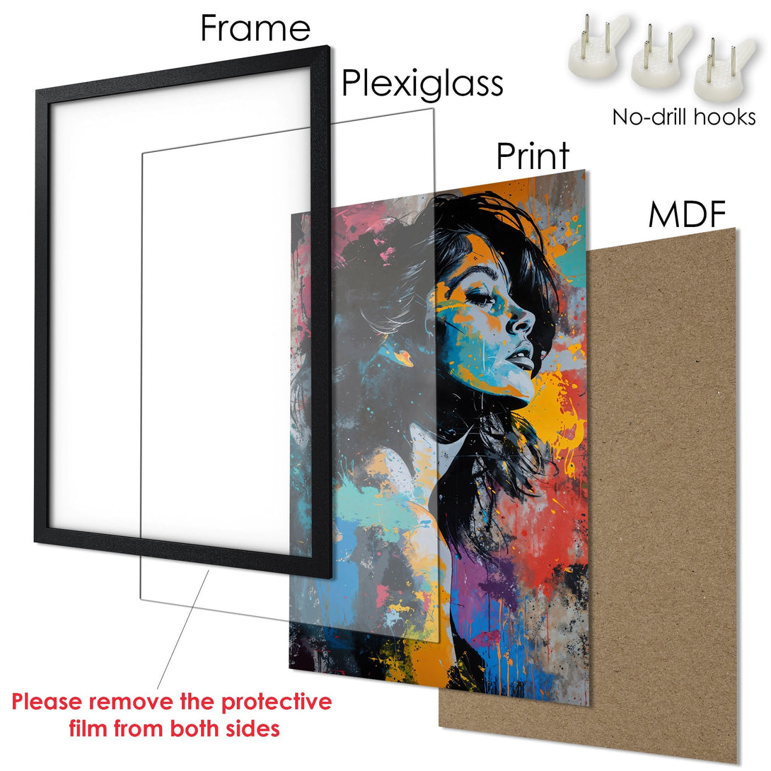 Framed Poster featuring a woman's portrait in a vibrant, abstract style with a colorful palette of blues, oranges, and reds. Ready to hang!