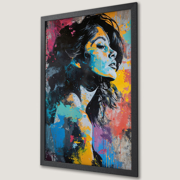 Framed Poster: Abstract portrait art with vibrant colors. Modern decor featuring blue, yellow, and red splashes. Perfect wall art for any space.