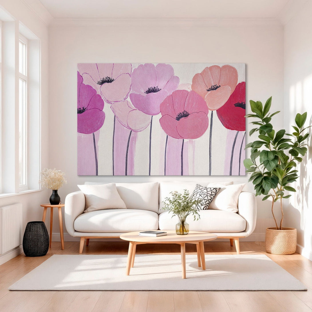 Framed Wall Art featuring pink poppy flowers in a modern style with a gold frame. Perfect for adding a pop of color to any interior.