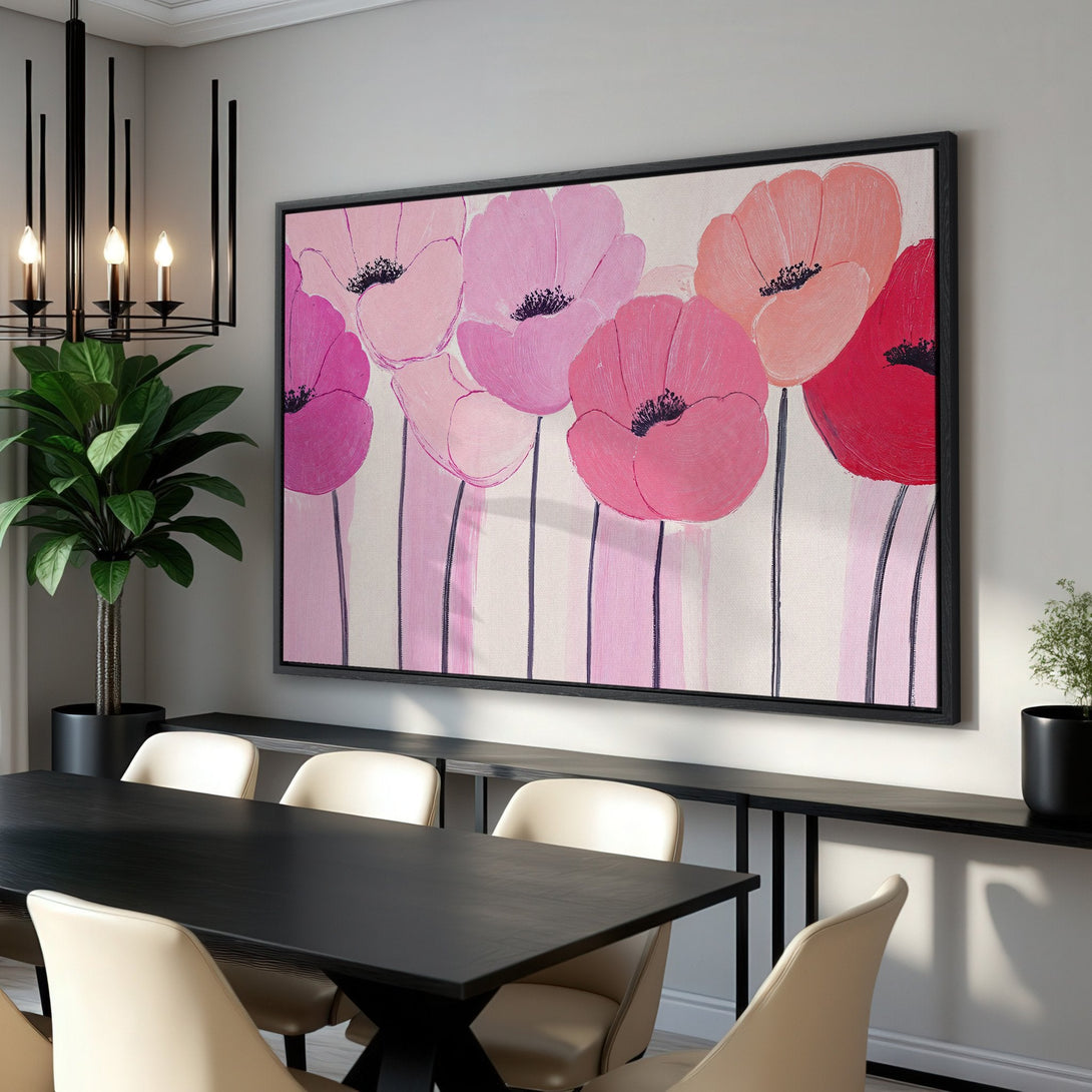 Framed Wall Art featuring abstract pink poppy flowers. Modern canvas print with a vibrant, feminine color palette perfect for home decor.