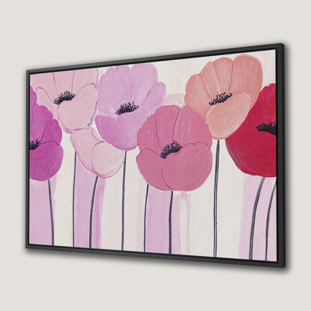 Framed Wall Art: Abstract poppy flowers in pink and red hues. Modern canvas print for a stylish home decor update.