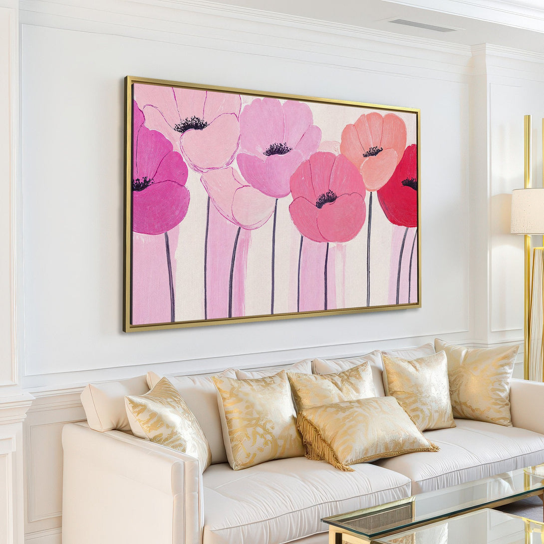 Canvas Print of abstract floral art in pink and purple hues, displayed in a modern living room setting.