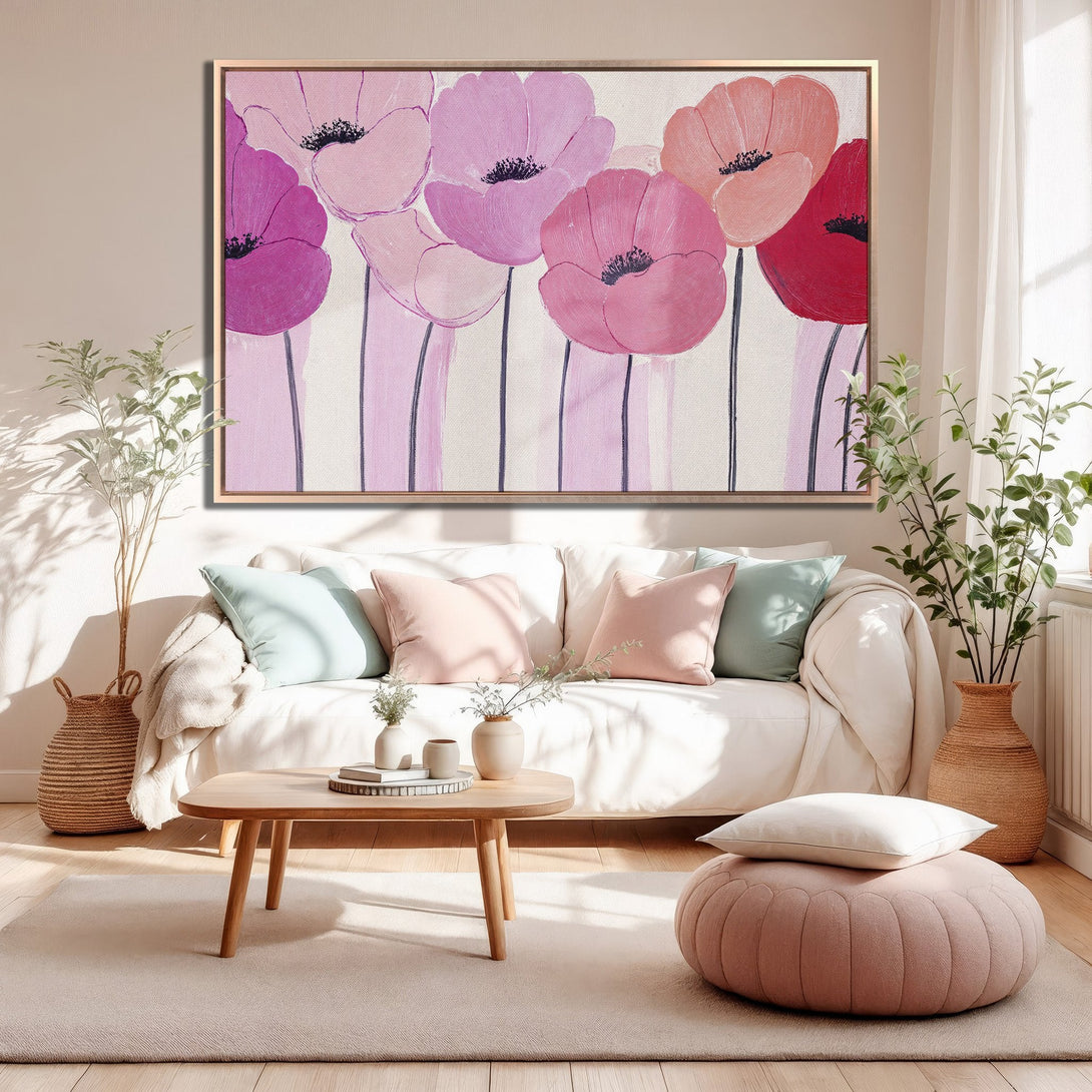 Framed Wall Art featuring abstract pink poppy flowers. Modern canvas print with a soft, pastel color palette, perfect for adding a touch of elegance to any room.