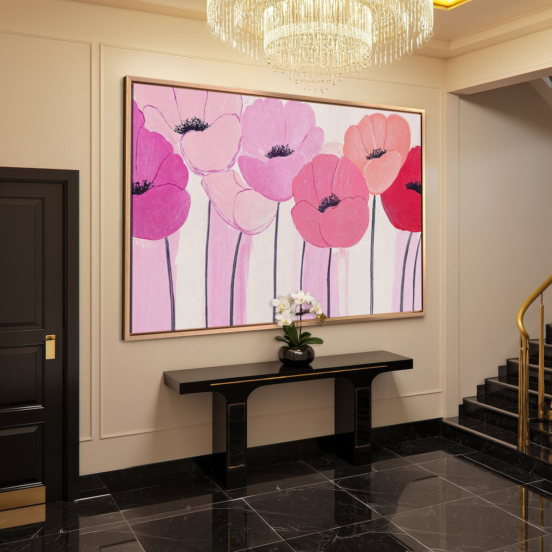 Framed Wall Art featuring abstract pink poppy flowers. Modern, elegant decor with a vibrant color palette. Perfect for any room!