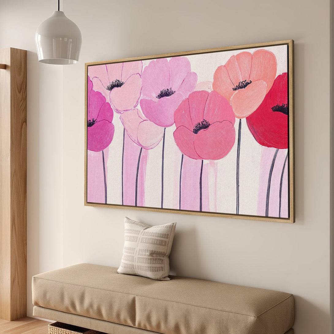 Framed Wall Art: Abstract floral canvas print with pink, red, and white hues. Modern art for a stylish interior. Shop now!
