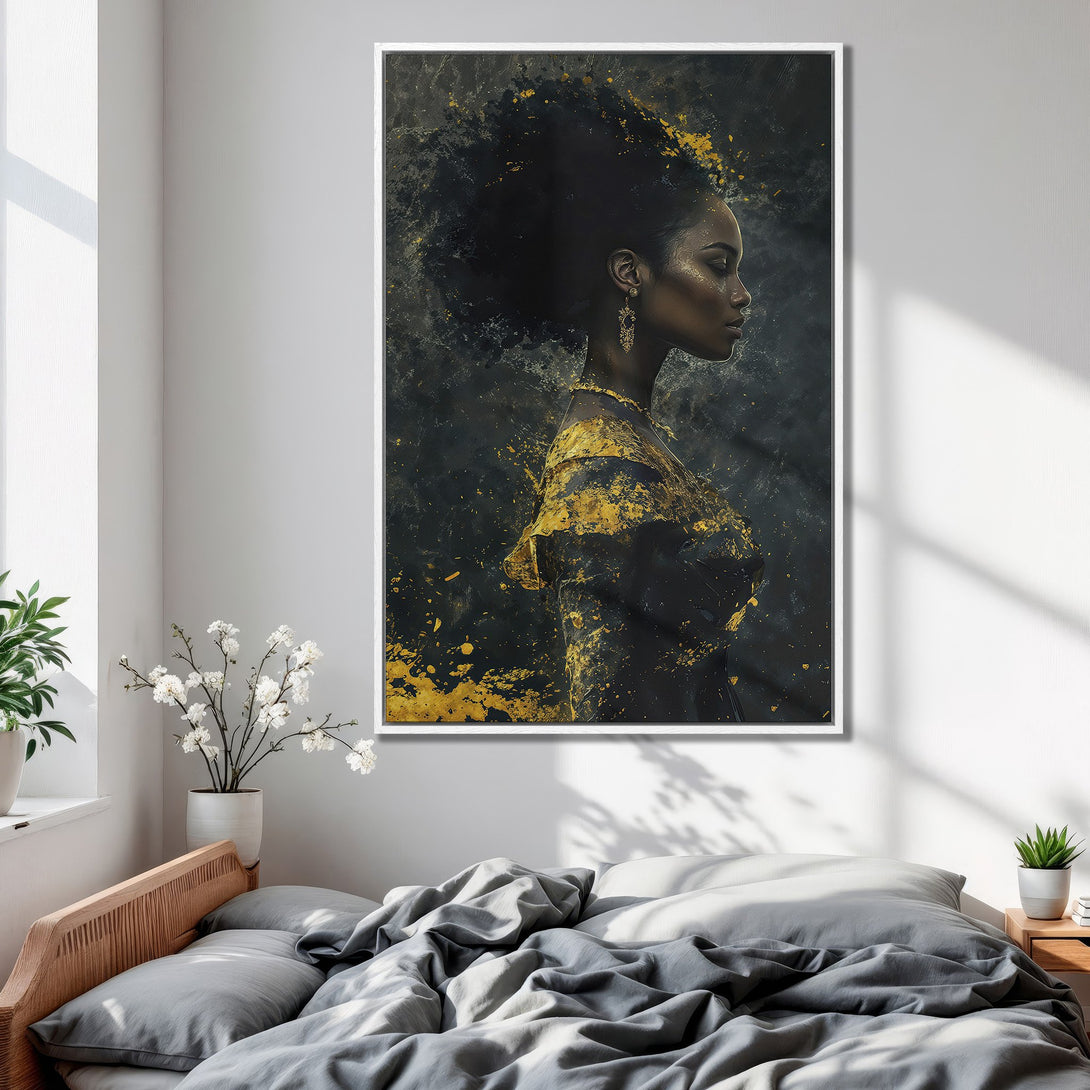 Framed Wall Art: Abstract portrait of a woman in black and gold, displayed in a bedroom. Modern art with a dark, luxurious aesthetic.