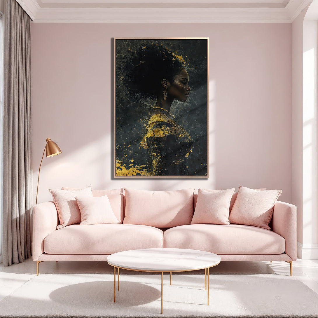 Framed Wall Art featuring an elegant woman portrait in gold and black, displayed in a chic pink interior. Modern art for stylish home decor.