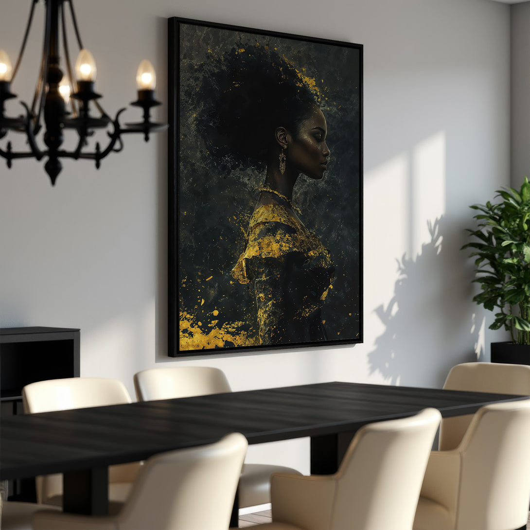Framed Wall Art: Abstract portrait of a woman with gold accents. Dark, moody color palette. Perfect for modern interior decor. Shop now!