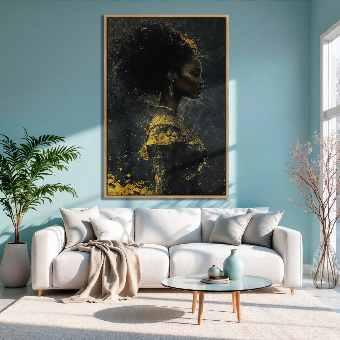 Framed Wall Art featuring a woman in profile, abstract style, with black, gold, and teal color palette, perfect for modern home decor.