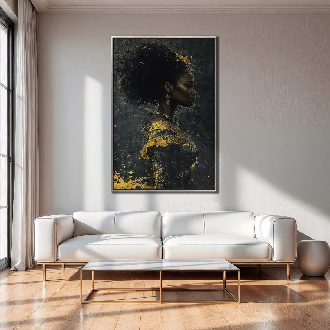 Framed Wall Art of a woman in profile, abstract style with gold accents. Dark, moody color palette. Perfect for modern home decor.