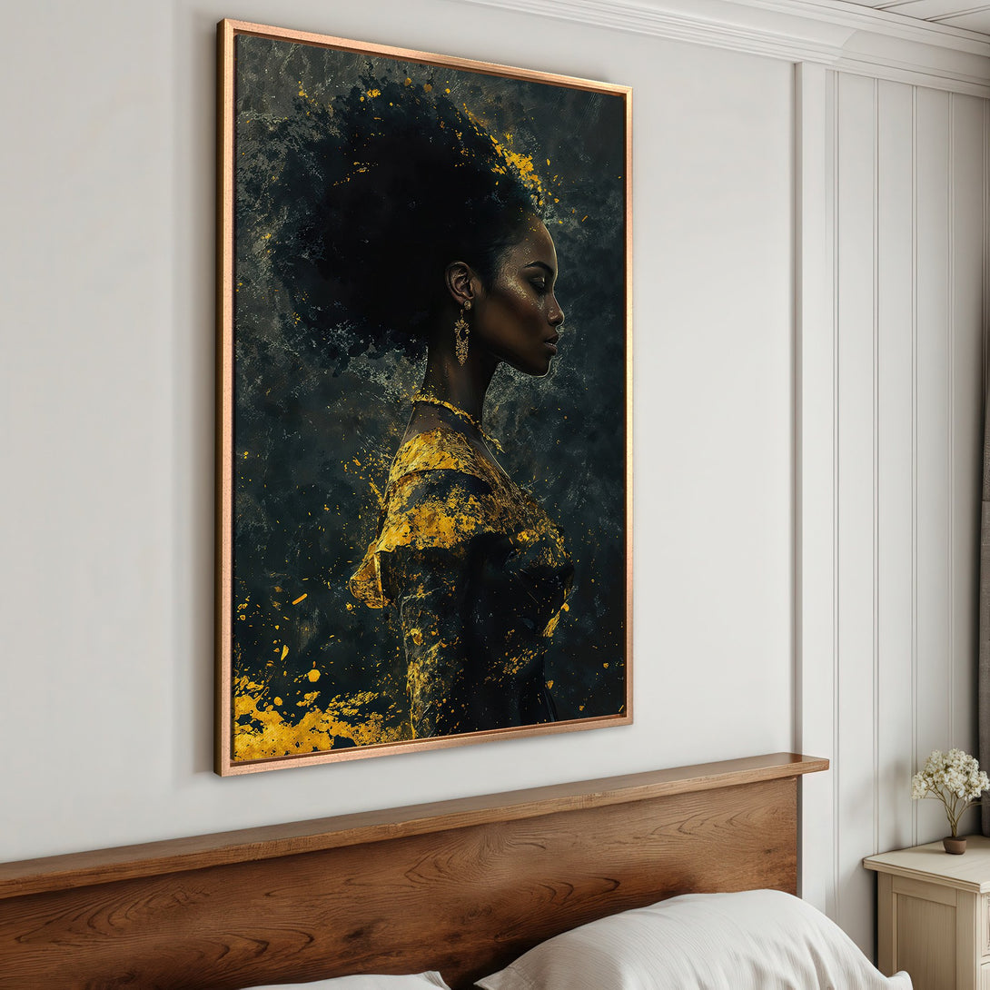 Framed Wall Art: Abstract portrait of a woman in black and gold. Modern art canvas print with a dramatic, dark color palette.
