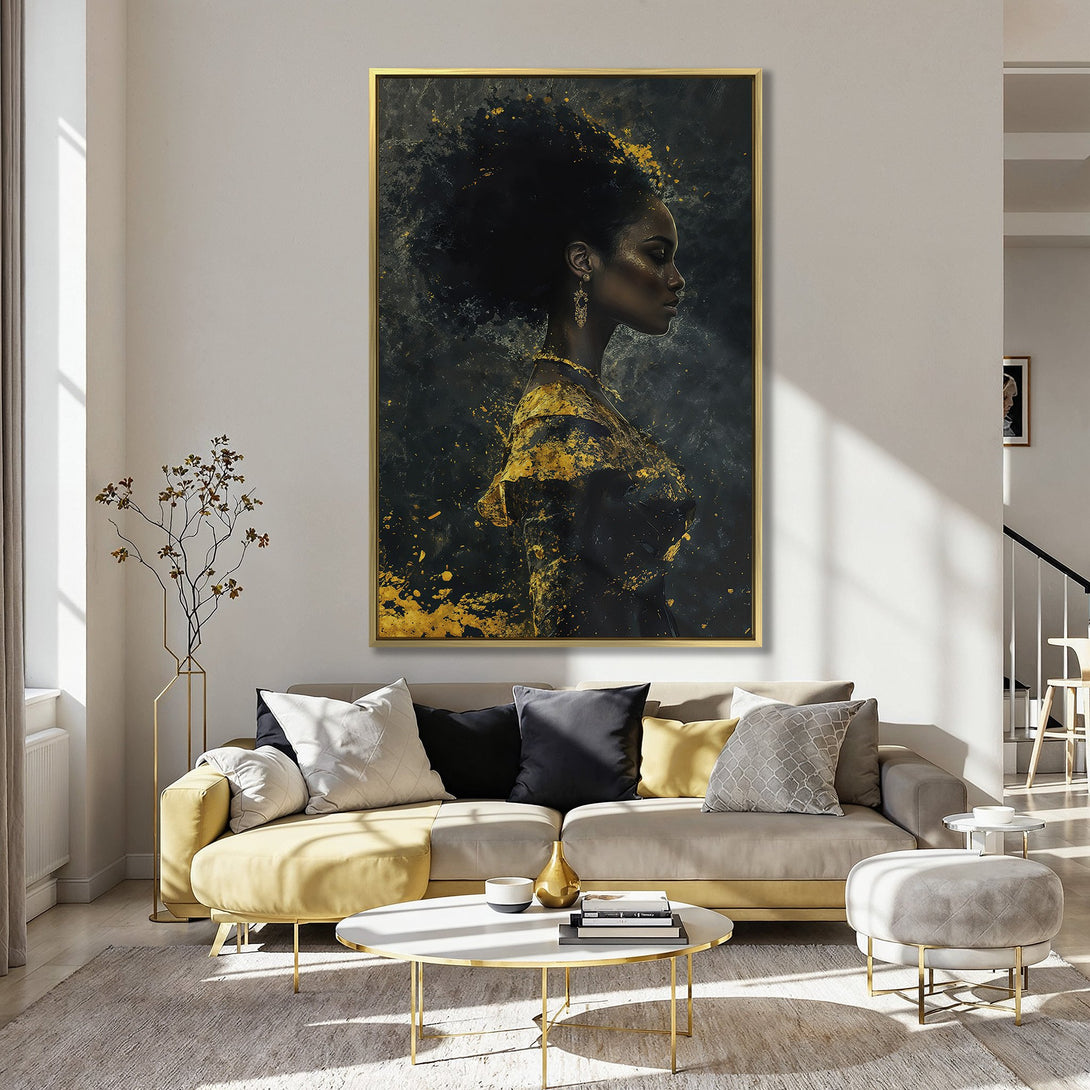 Canvas Print: Abstract portrait of a woman in black and gold, displayed in a stylish interior. Features a dark, dramatic color palette.