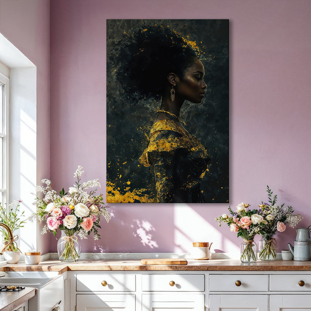 Framed Wall Art: African woman portrait in gold and black abstract style. Modern art canvas print adds elegance to any interior.