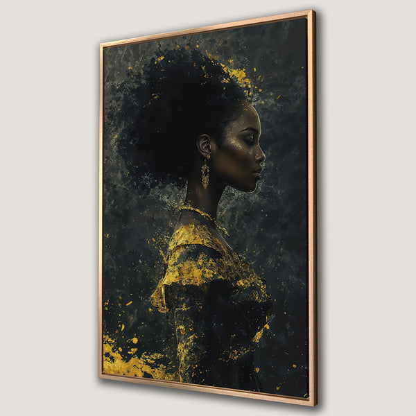 Framed Wall Art featuring a beautiful Black woman in profile, abstract style with gold and black color palette, perfect for modern home decor.