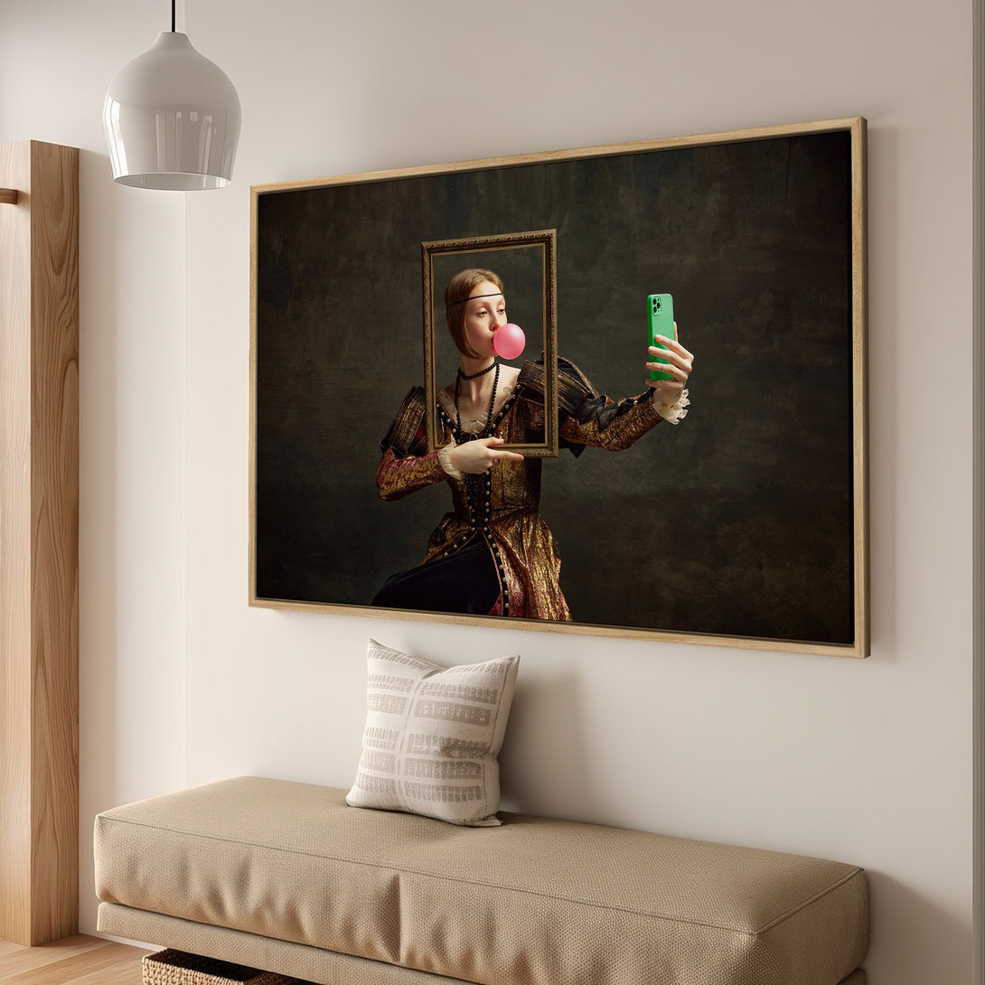 Framed Wall Art of a Renaissance woman taking a selfie with bubblegum. Dark, moody color palette with gold accents. Perfect for modern home decor.