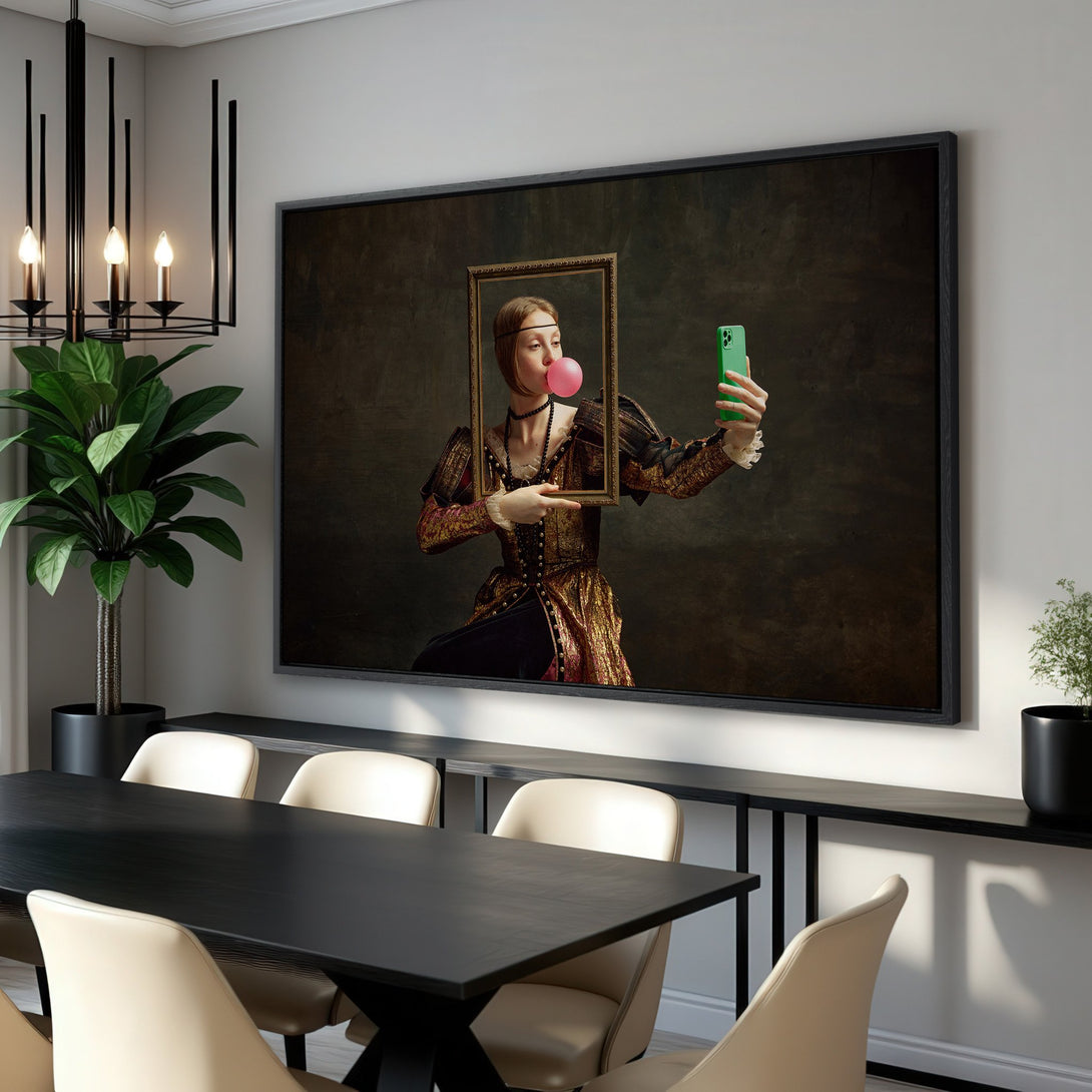 Framed Wall Art: Renaissance portrait with modern twist. Dark, moody color palette. Perfect for a unique dining room statement piece.