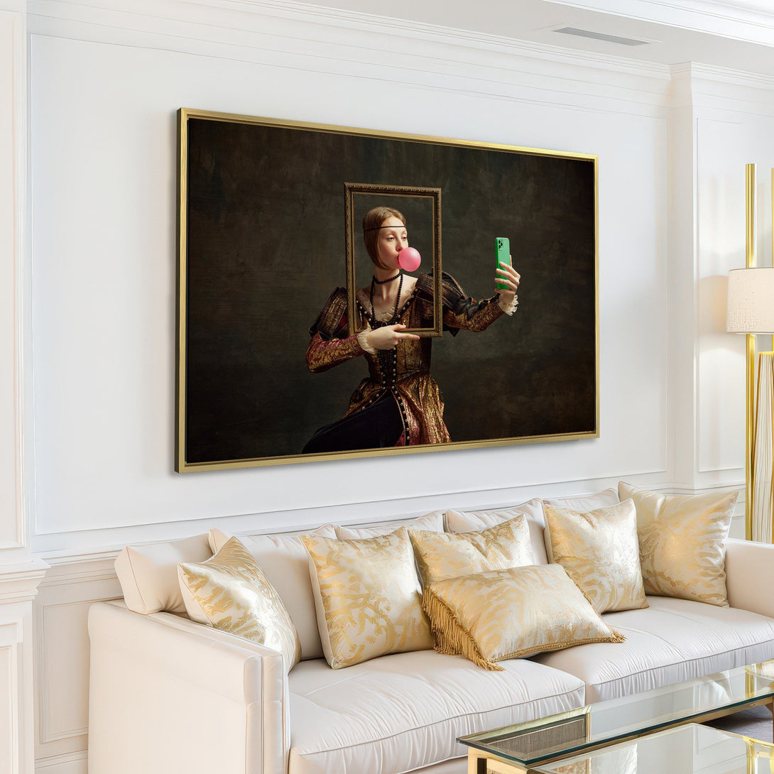 Framed Wall Art: Renaissance woman taking selfie with bubblegum. Vintage style, rich gold and dark tones. Perfect for modern home decor.