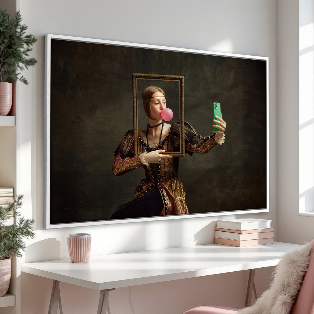 Framed Wall Art: Renaissance woman takes selfie with bubblegum. Dark, moody color palette. Unique wall decor for a modern home.