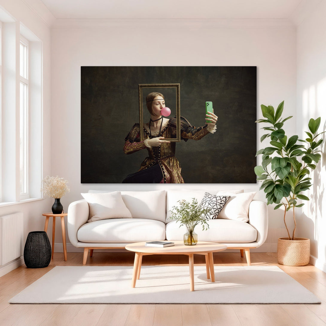 Framed Wall Art: Renaissance-style portrait with a modern twist. Features a woman with bubble gum taking a selfie. Dark, moody tones with gold accents.