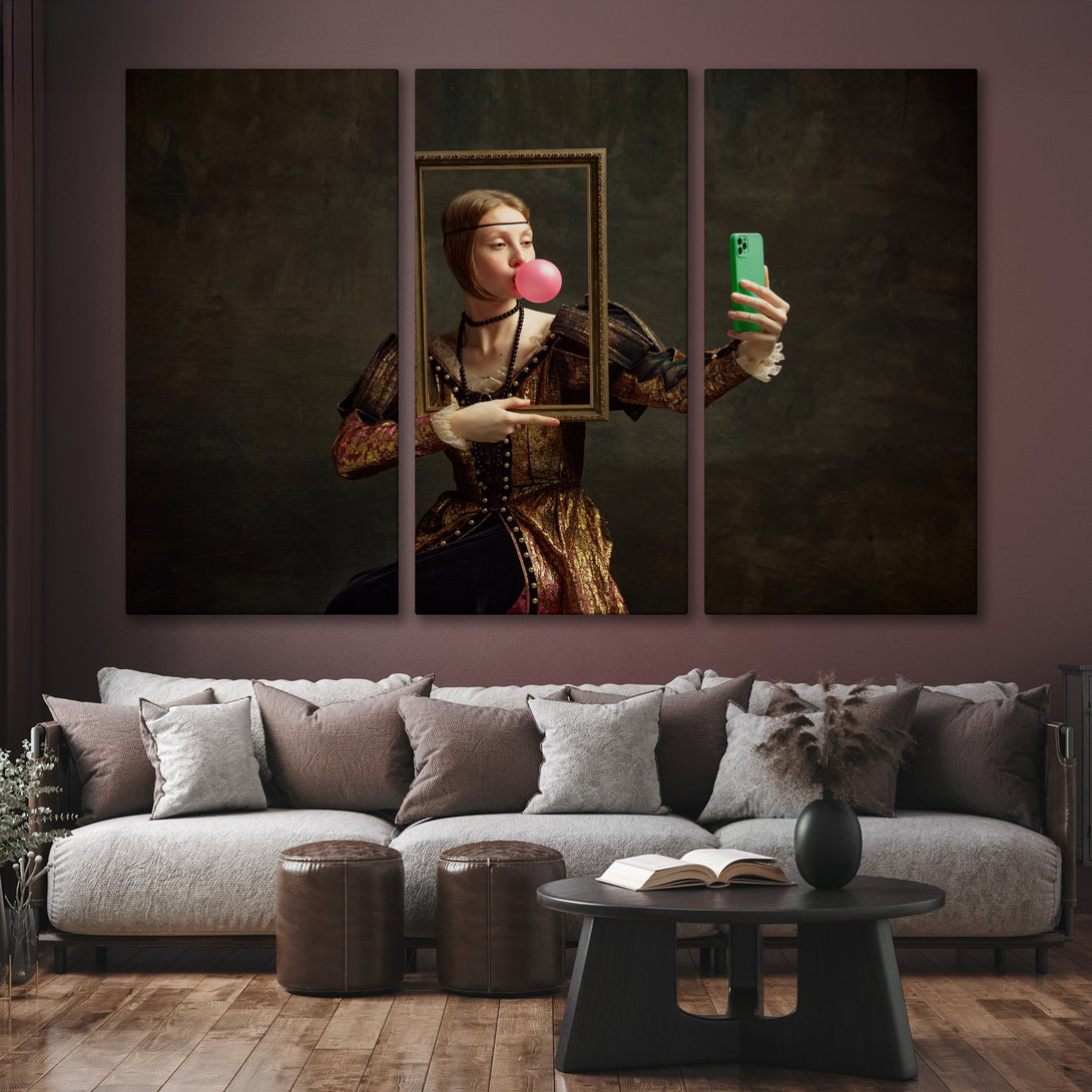 Framed Wall Art: Renaissance woman taking a selfie with bubblegum, dark and gold color palette, perfect for modern home decor.