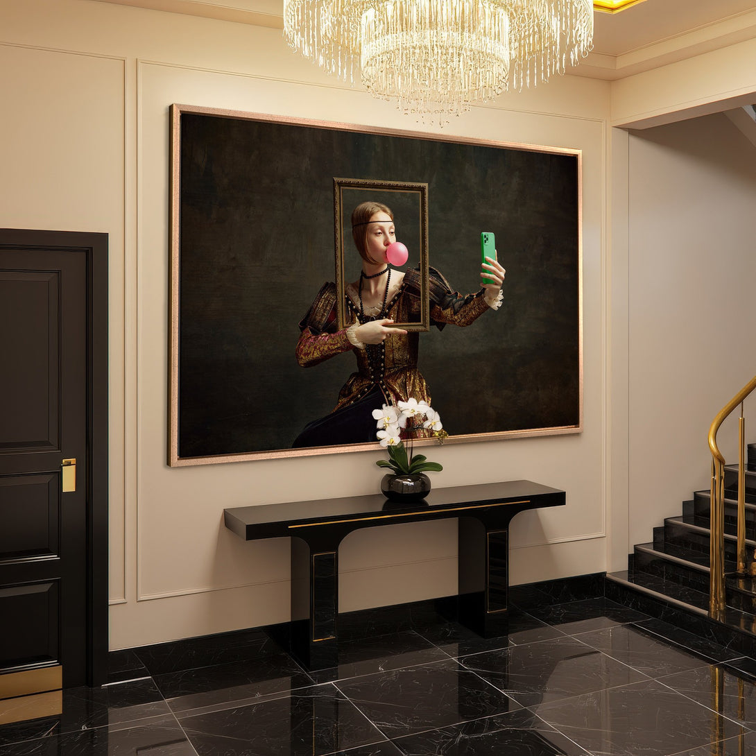 Framed Wall Art: Renaissance-style woman taking selfie. Dark, moody color palette with gold accents. Perfect for modern home decor.