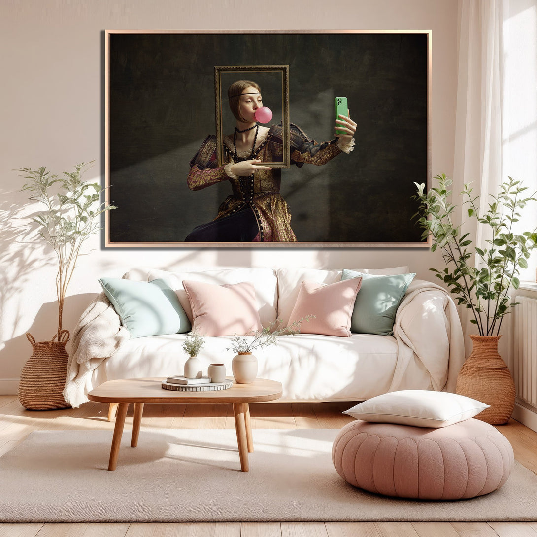 Framed Wall Art: Renaissance-style portrait of a woman with bubblegum, displayed in a modern living room. Soft pink and neutral color palette.