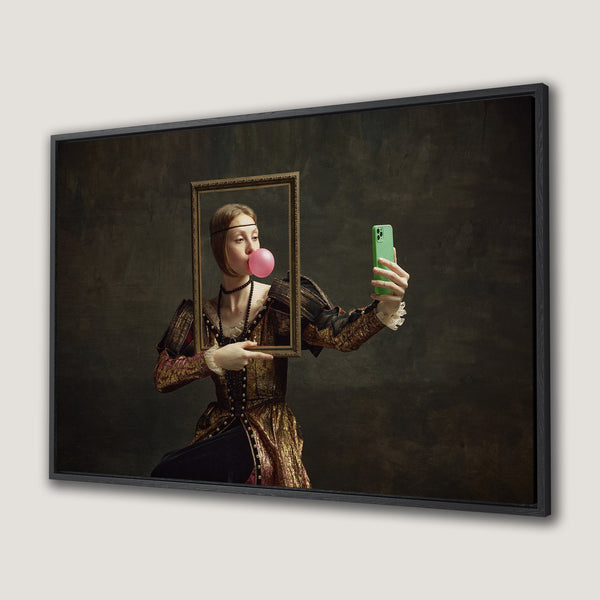 Framed Wall Art: Renaissance-style portrait of woman taking selfie, dark, moody color palette. Unique art for your home.