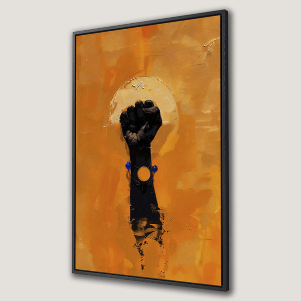 Framed Wall Art featuring a black fist against a vibrant orange background. Modern, expressive art with a warm, inviting color palette. Perfect for any room!