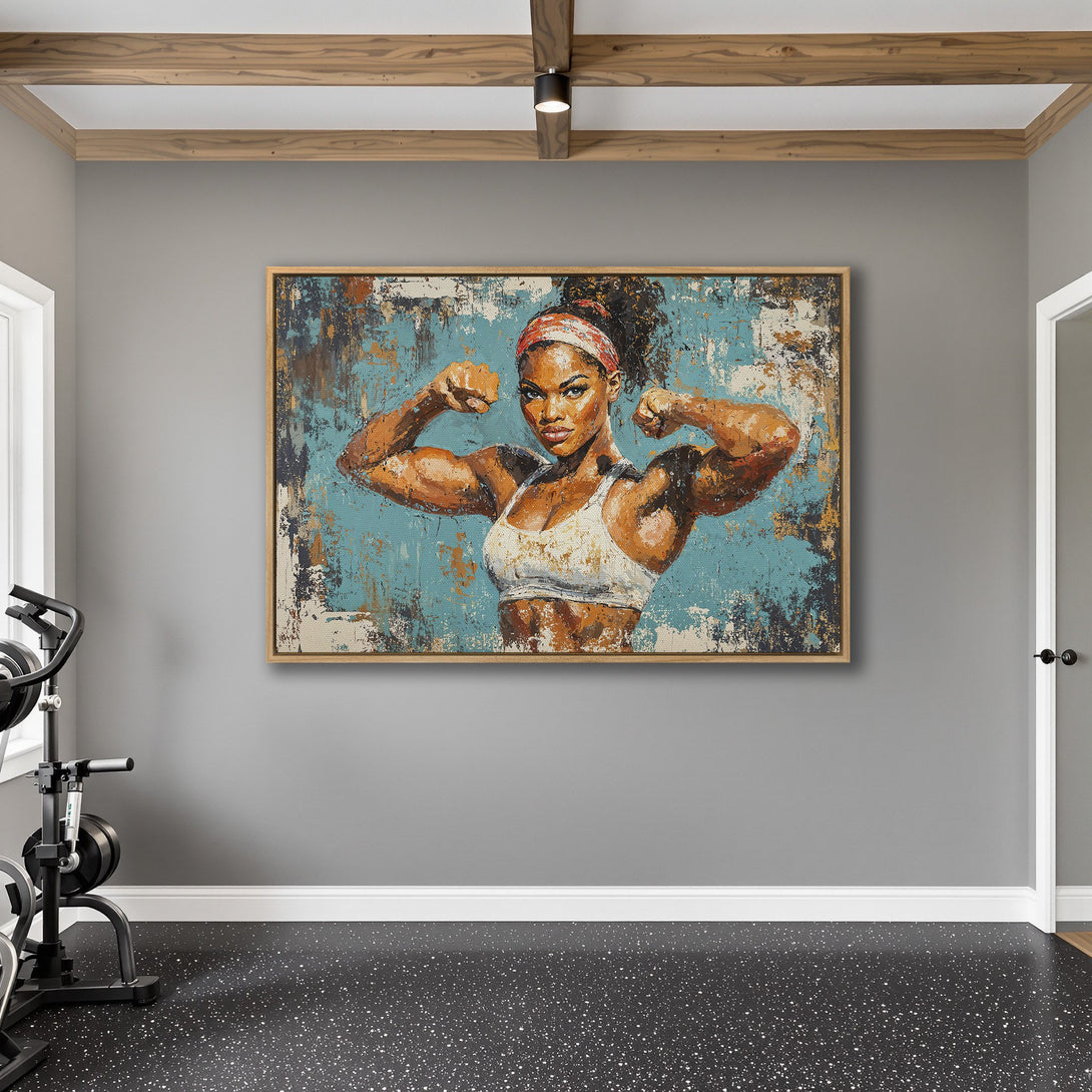 Framed Wall Art: Powerful woman flexing. Bold, abstract style with teal, orange, and brown hues. Perfect for gym decor or inspiring any space.