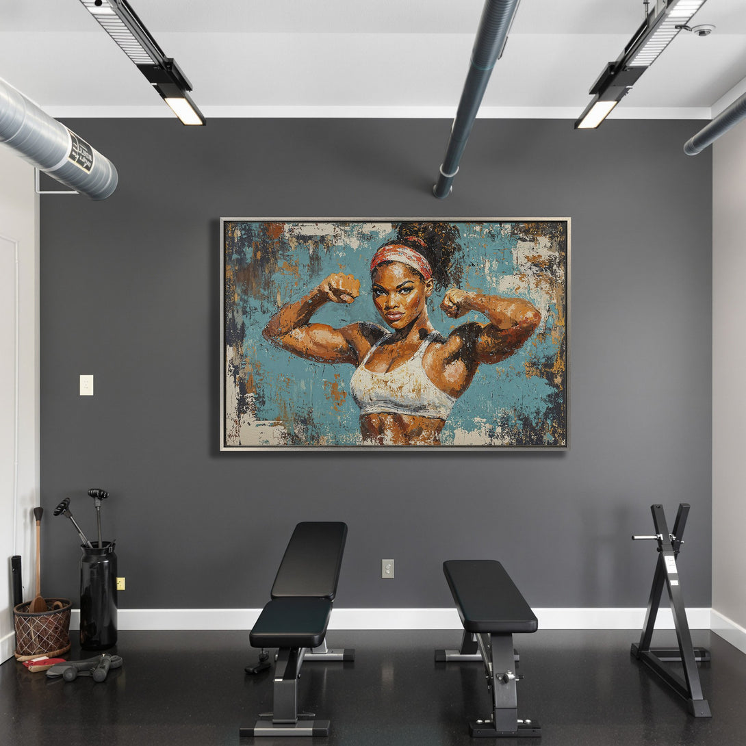Framed Wall Art: Powerful woman flexing. Abstract style with teal, orange, and brown tones. Perfect for gym or home decor. Canvas Print available.