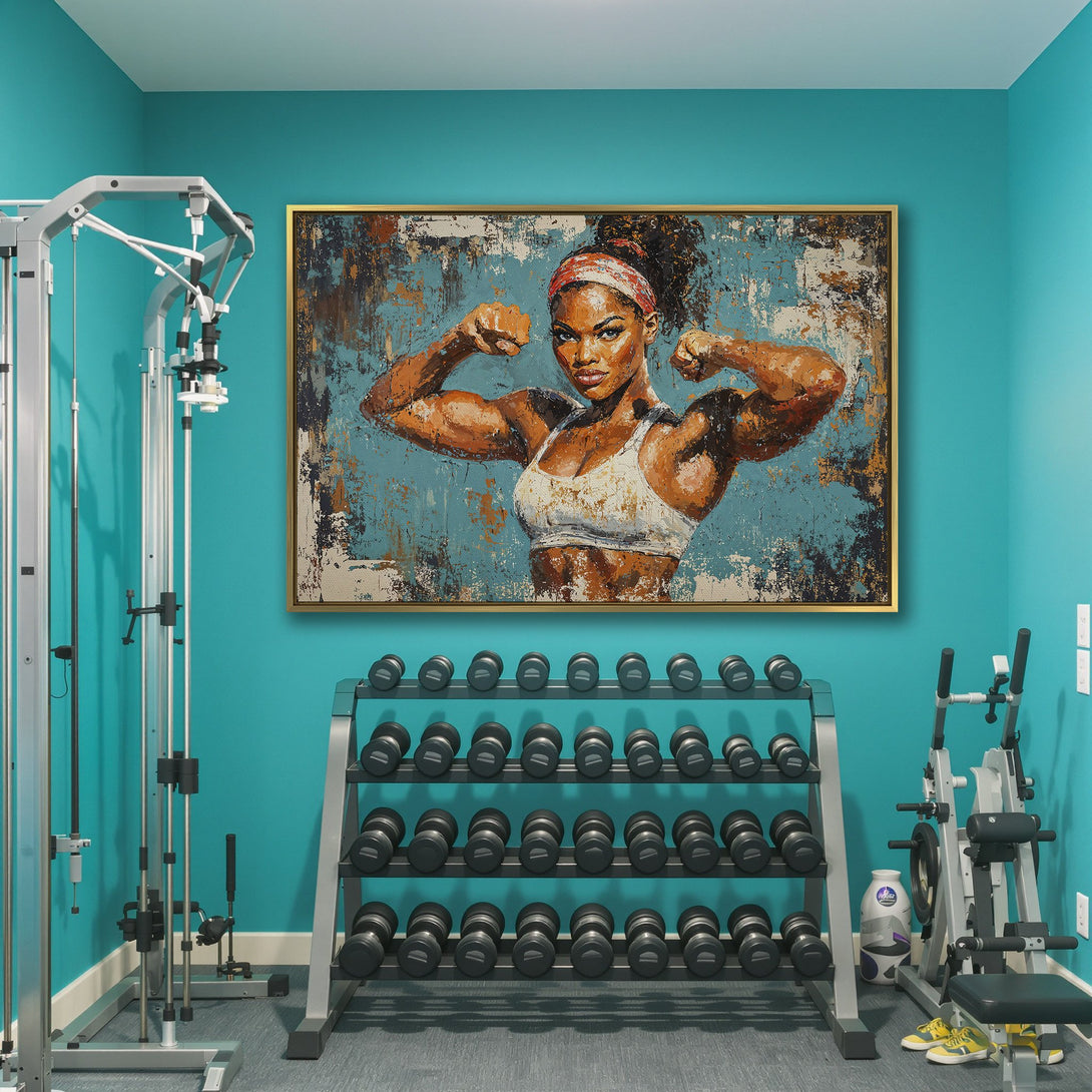Canvas Print of a strong woman flexing, abstract style with teal, orange, and brown tones. Perfect for gym decor or motivational wall art.