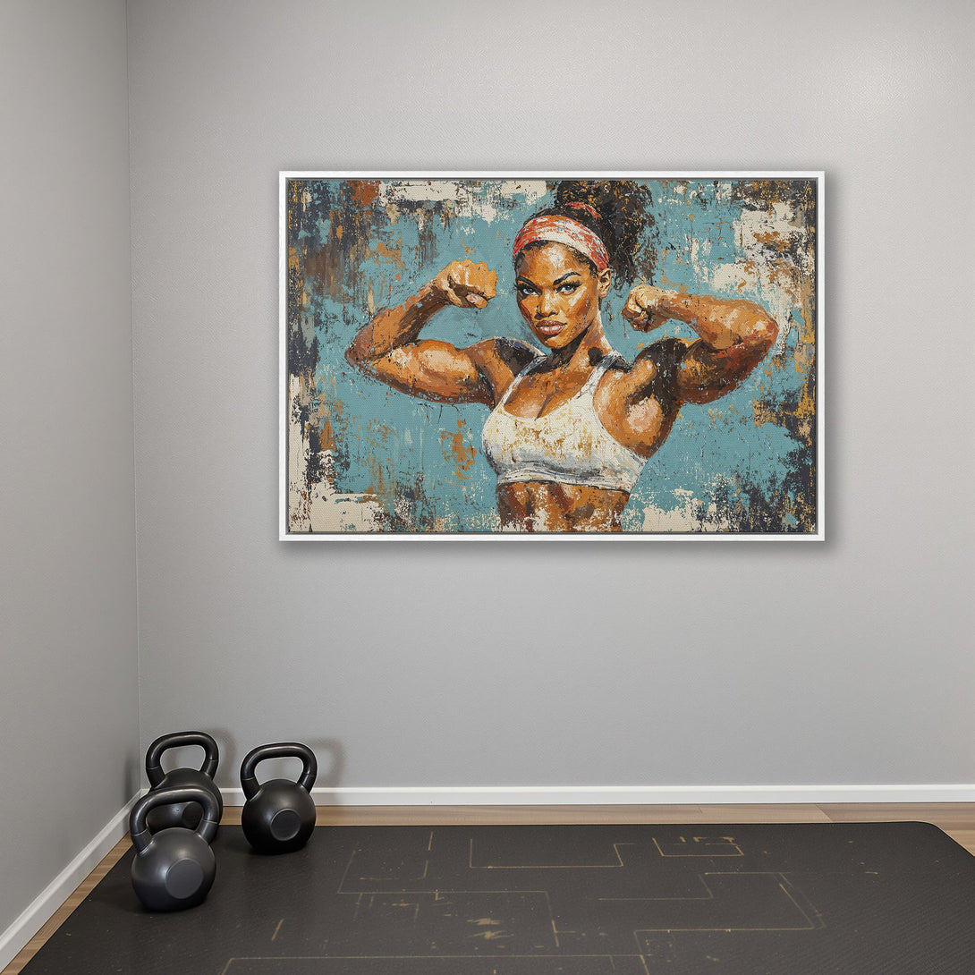 Framed Wall Art: Empowering woman flexing muscles, abstract art style with teal, orange, and brown tones. Perfect for your home gym decor!