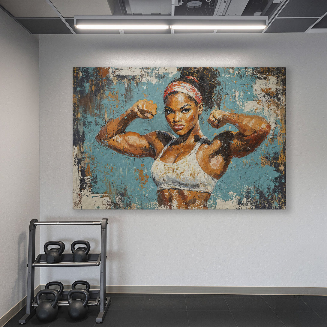 Framed Wall Art of a strong woman flexing, displayed in a gym. Abstract style with teal, orange, and brown tones. Perfect for home gym decor.