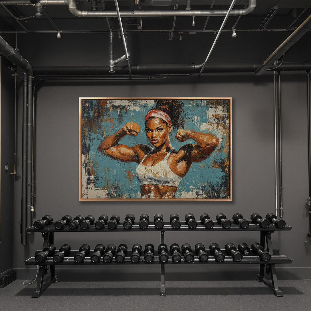 Framed Wall Art featuring a strong woman flexing, abstract style, teal & brown palette. Perfect for gym decor! Shop Canvas Prints now.