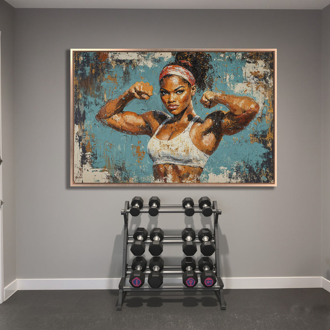Framed Wall Art: Empowering woman flexing muscles. Abstract style with teal, orange, and brown color palette. Perfect for home gyms!